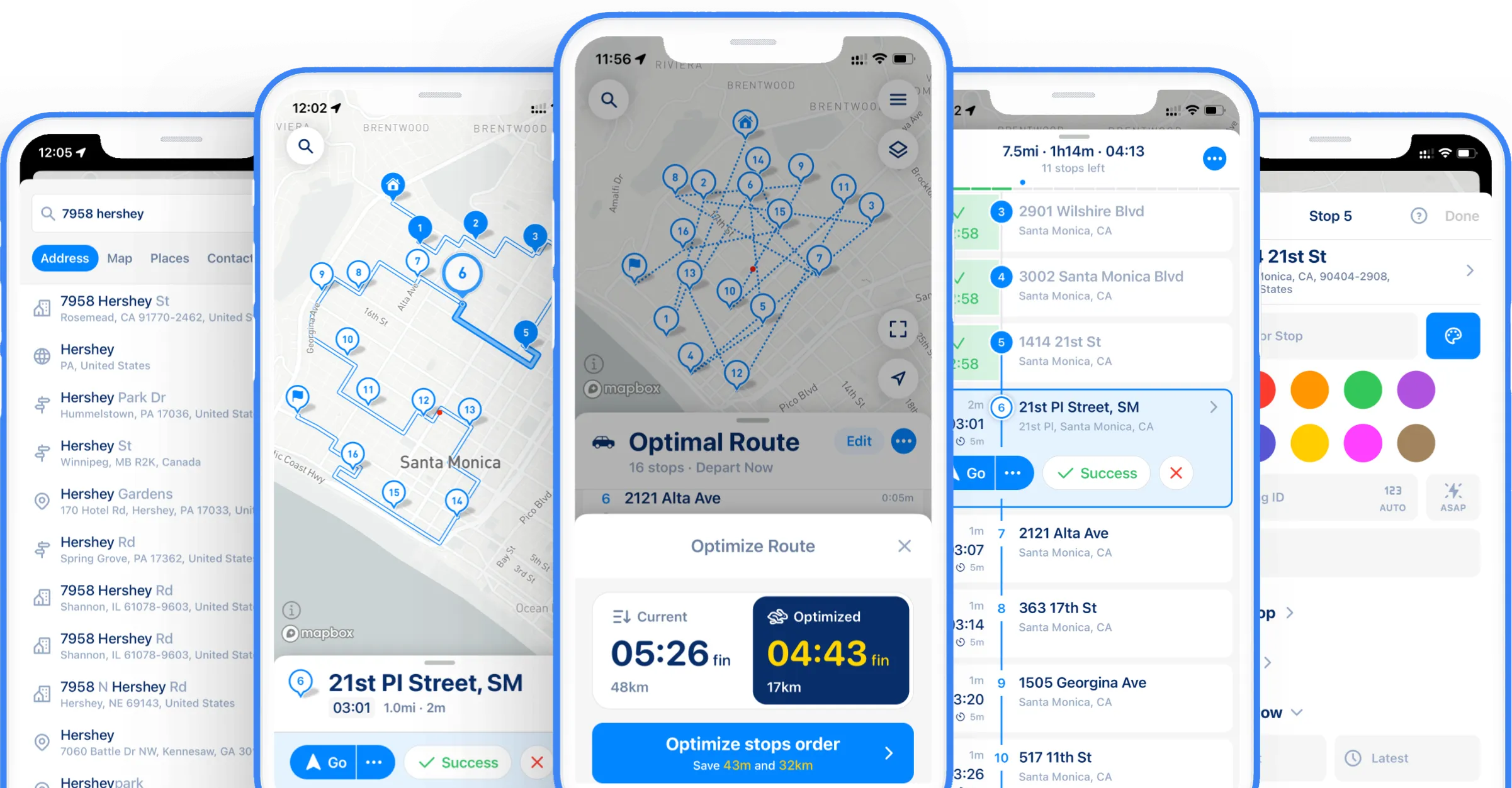 MyWay Route Planner app screens: address search, route map, optimized route, stops list and stop settings