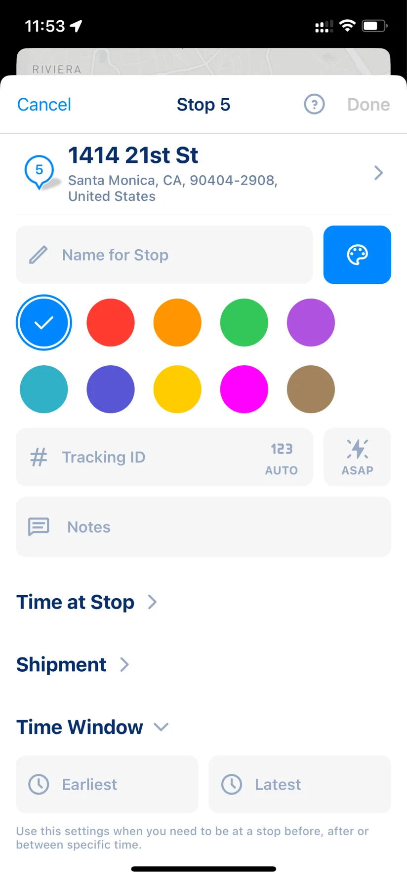 MyWay Route Planner stop details: name, color, tracking ID, notes, time at stop, shipment, time window